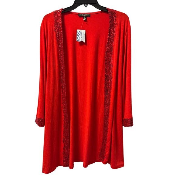 Park & Main Red Open-Front Longline Cardigan With Sequin Trim Plus Size 2X - Picture 1 of 12